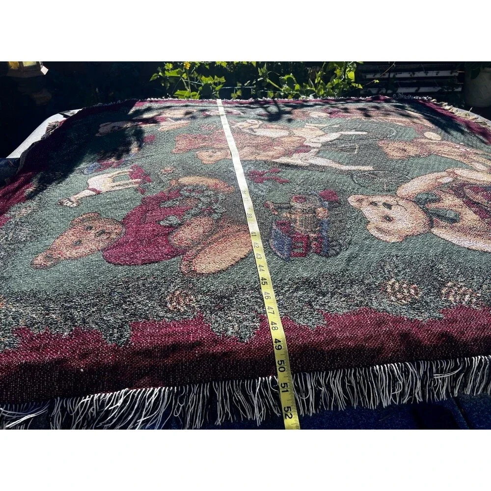 Vintage 1990s Woven Teddy Bear Throw Blanket Jacquard Fringe 52x57 Cottage Core